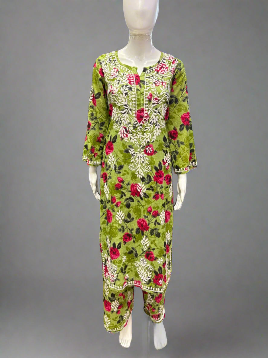 Chikankari Kurti Palazzo Set in Printed Mul Cotton on Mannequin Full View