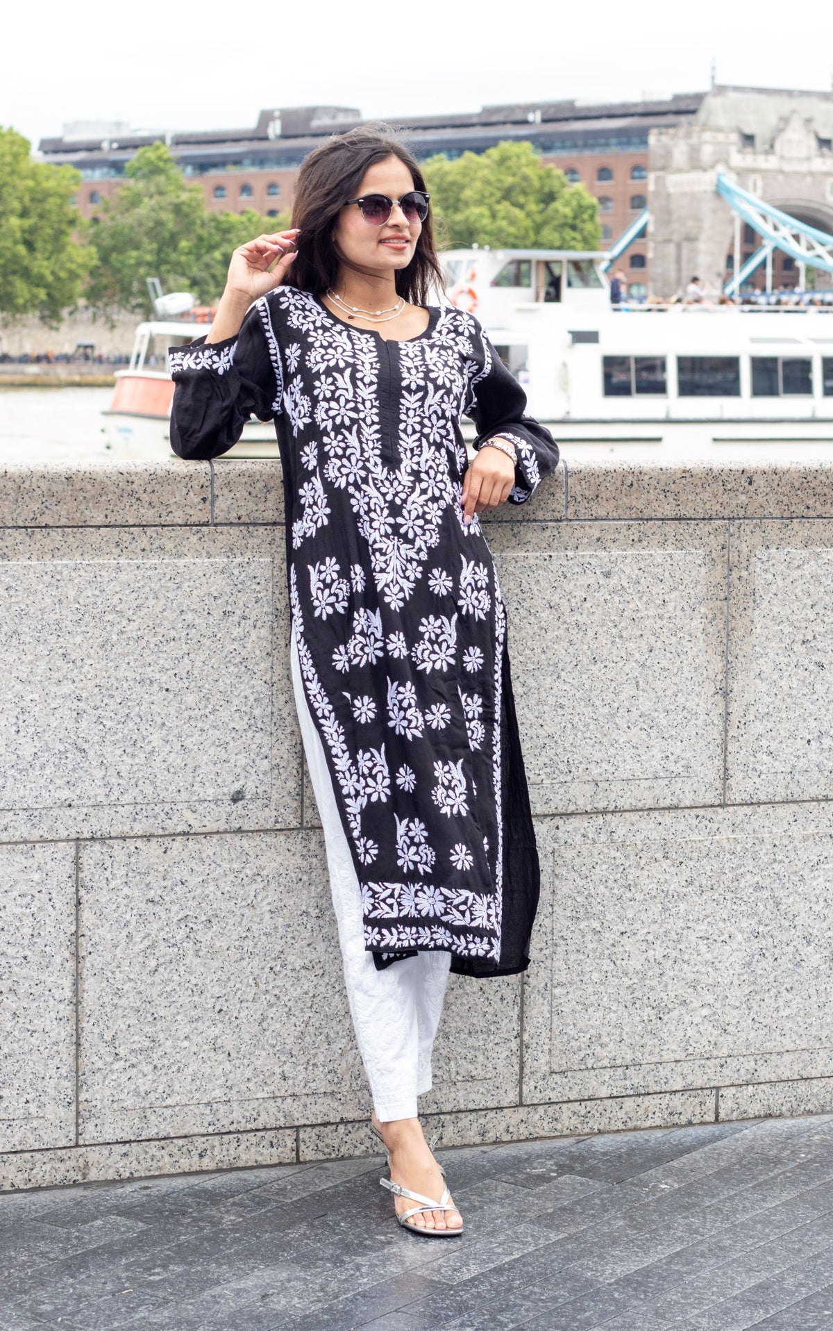 Model wearing Chikankari Kurti Shirt Top Petal Floral Border – ethnic wear