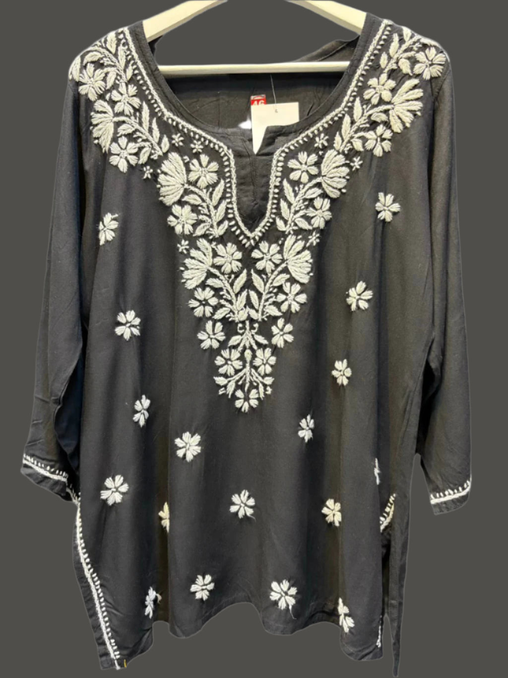 Chikankari short kurti, black with hand embroidery