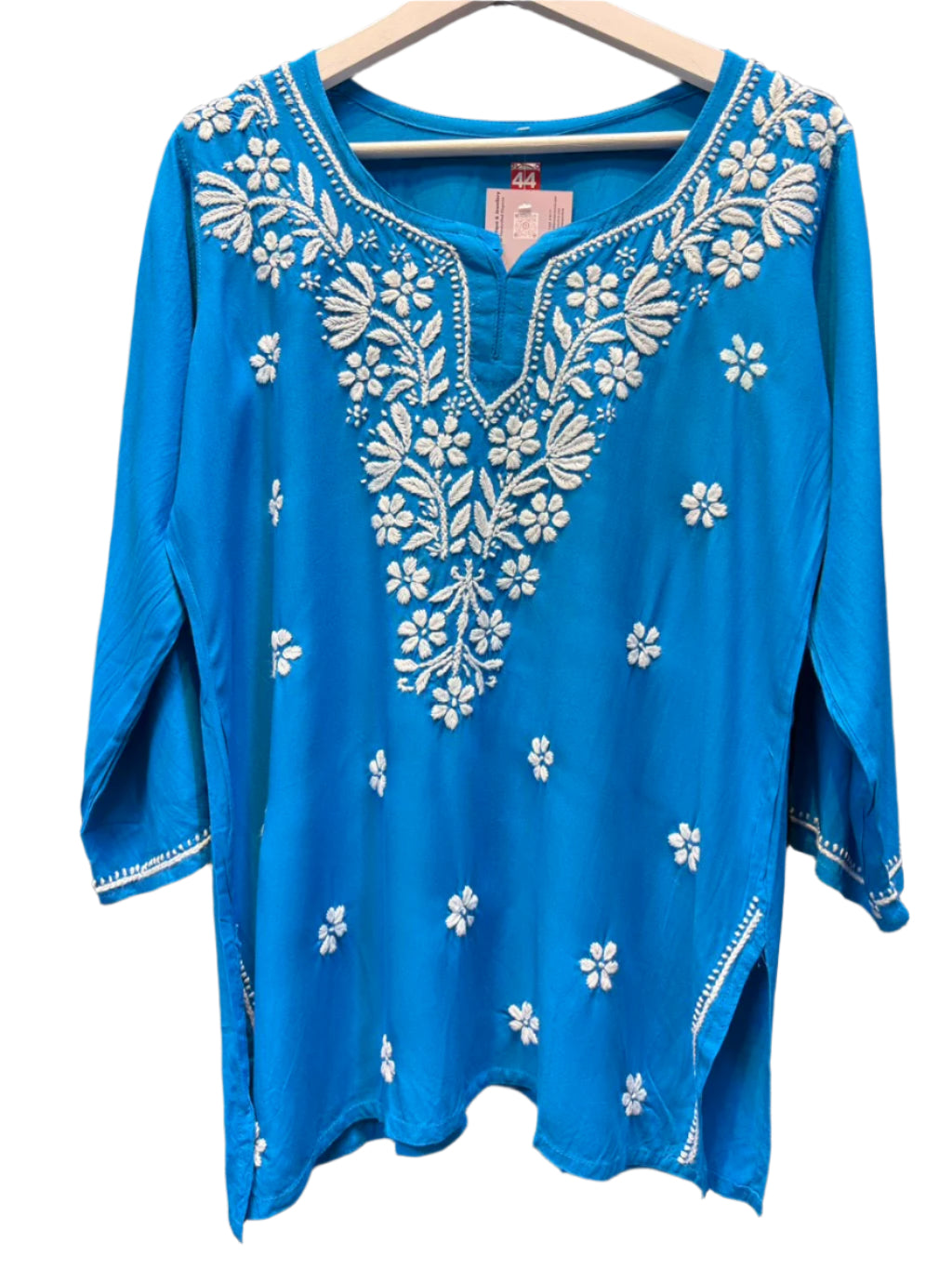 Chikankari short kurti, blue with hand embroidery