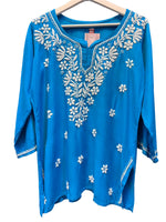Chikankari short kurti, blue with hand embroidery
