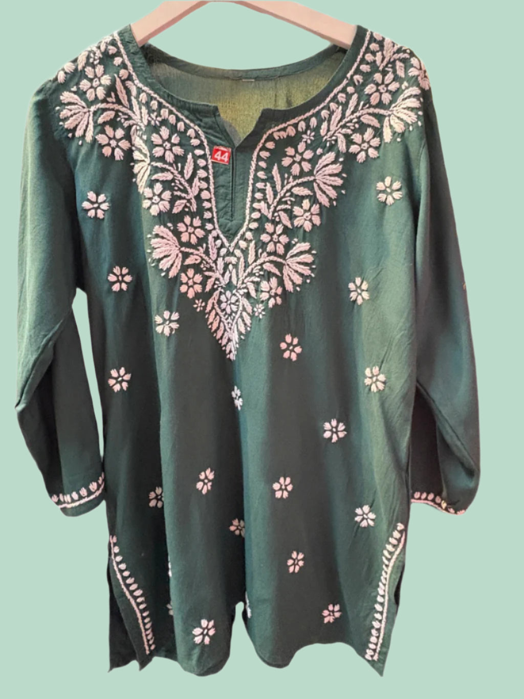 Chikankari short kurti, bottle green with hand embroidery