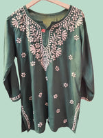 Chikankari short kurti, bottle green with hand embroidery