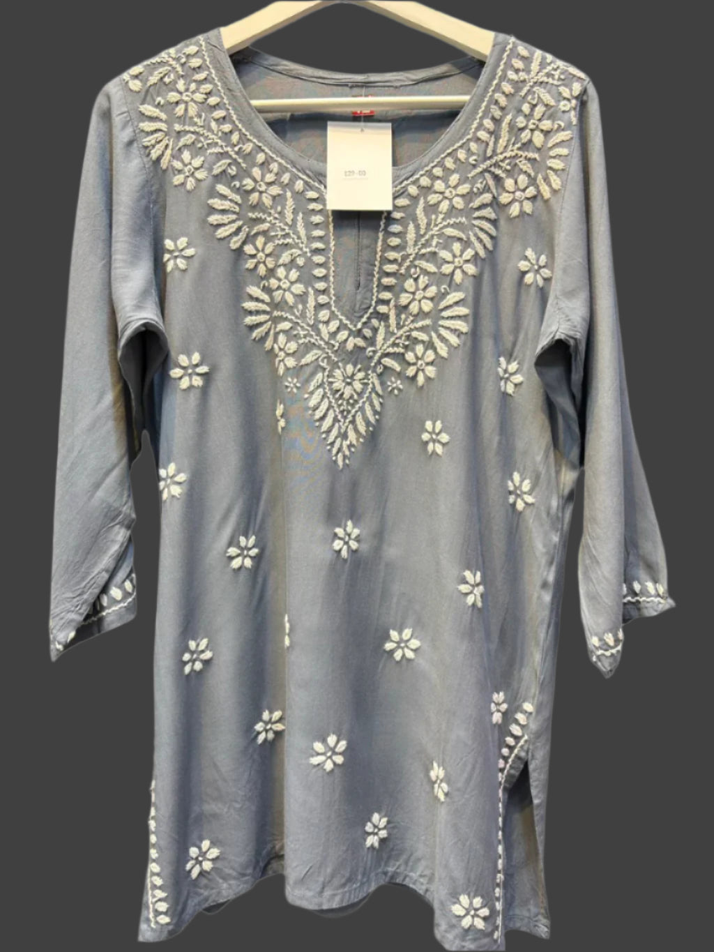 Chikankari short kurti, grey with hand embroidery