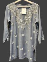 Chikankari short kurti, grey with hand embroidery