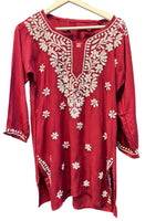 Chikankari short kurti, maroon with hand embroidery