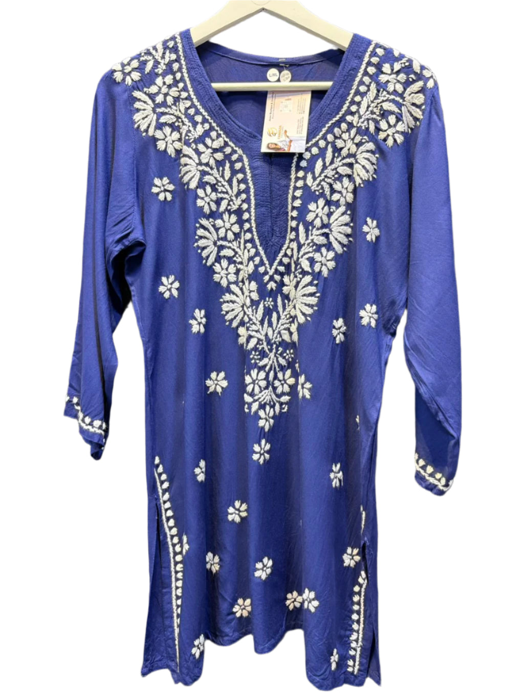 Chikankari short kurti, navy blue with hand embroidery