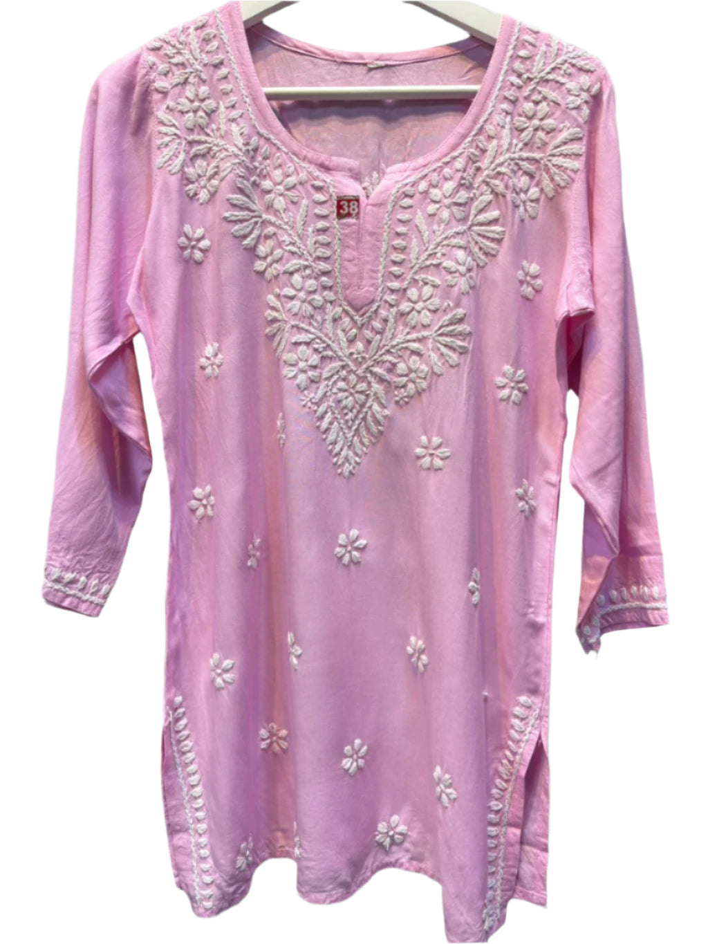 Chikankari short kurti, pink with hand embroidery