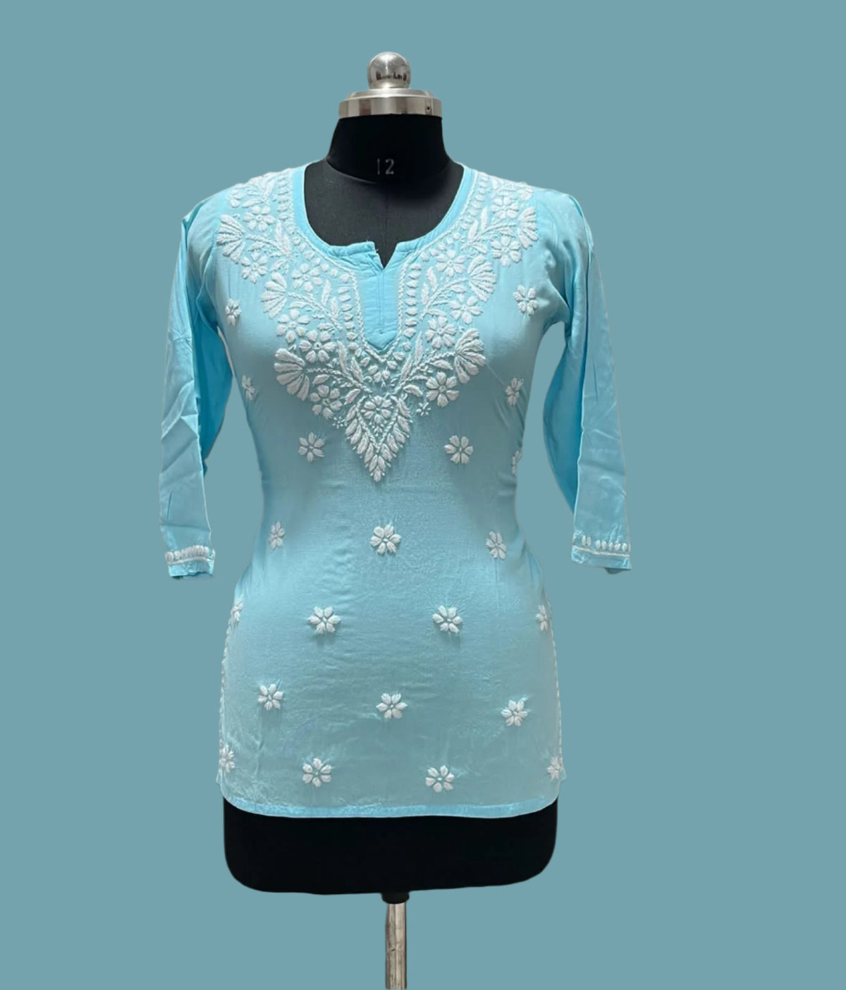 Chikankari short kurti, sky blue with hand embroidery