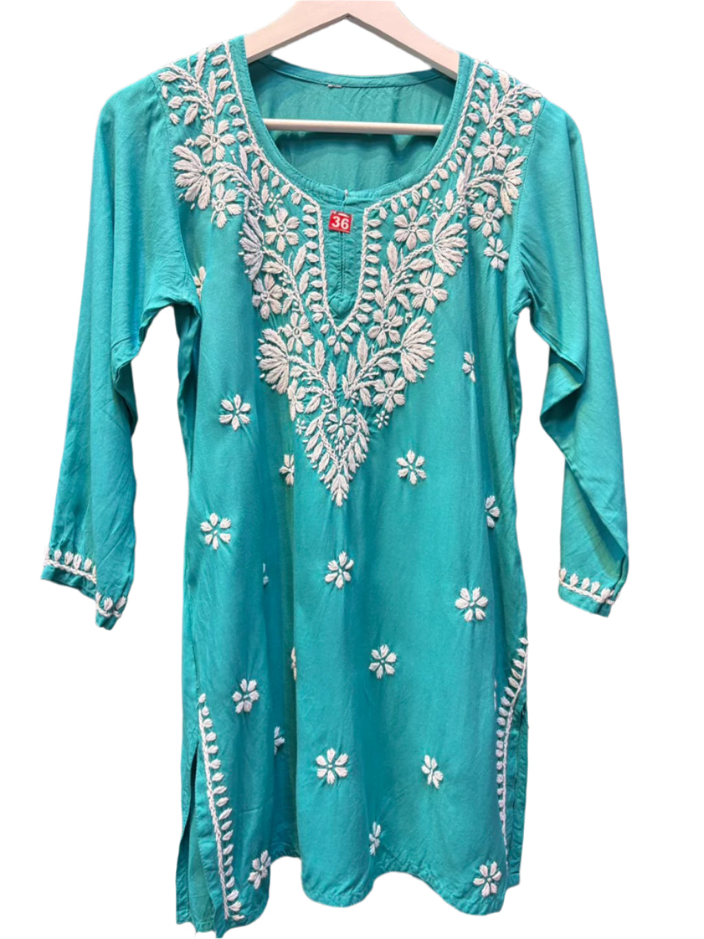 Chikankari short kurti, turquoise with hand embroidery