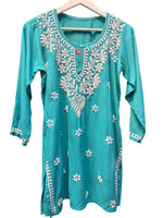 Chikankari short kurti, turquoise with hand embroidery