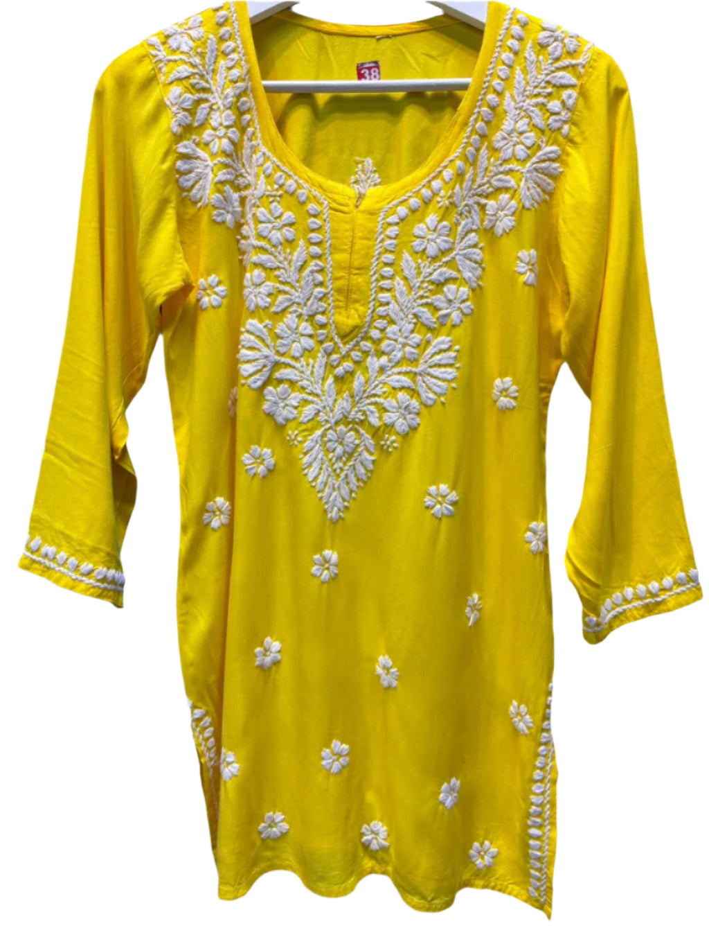 Chikankari short kurti, yellow with hand embroidery