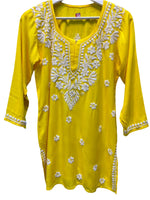 Chikankari short kurti, yellow with hand embroidery