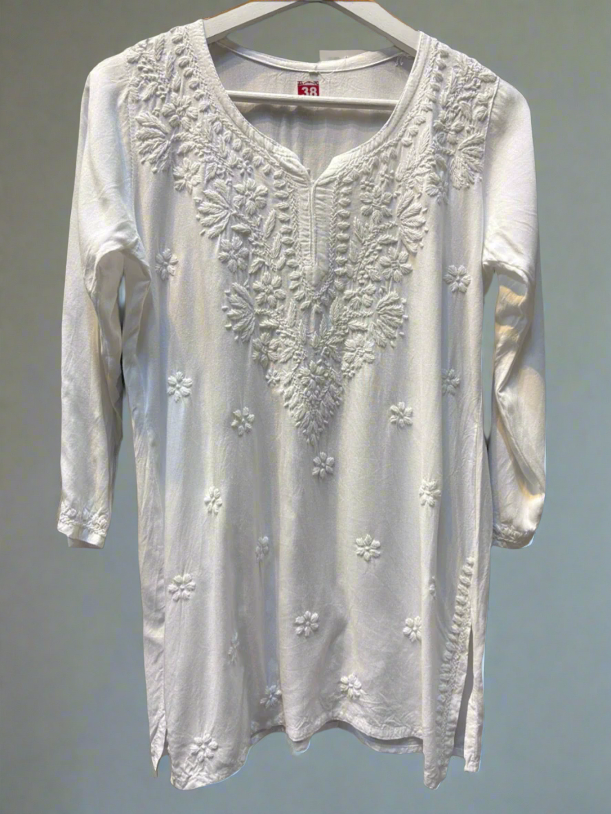 Chikankari short kurti, white with hand embroidery