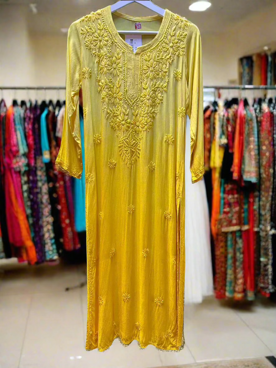 chikankari kurti tone on tone mustard