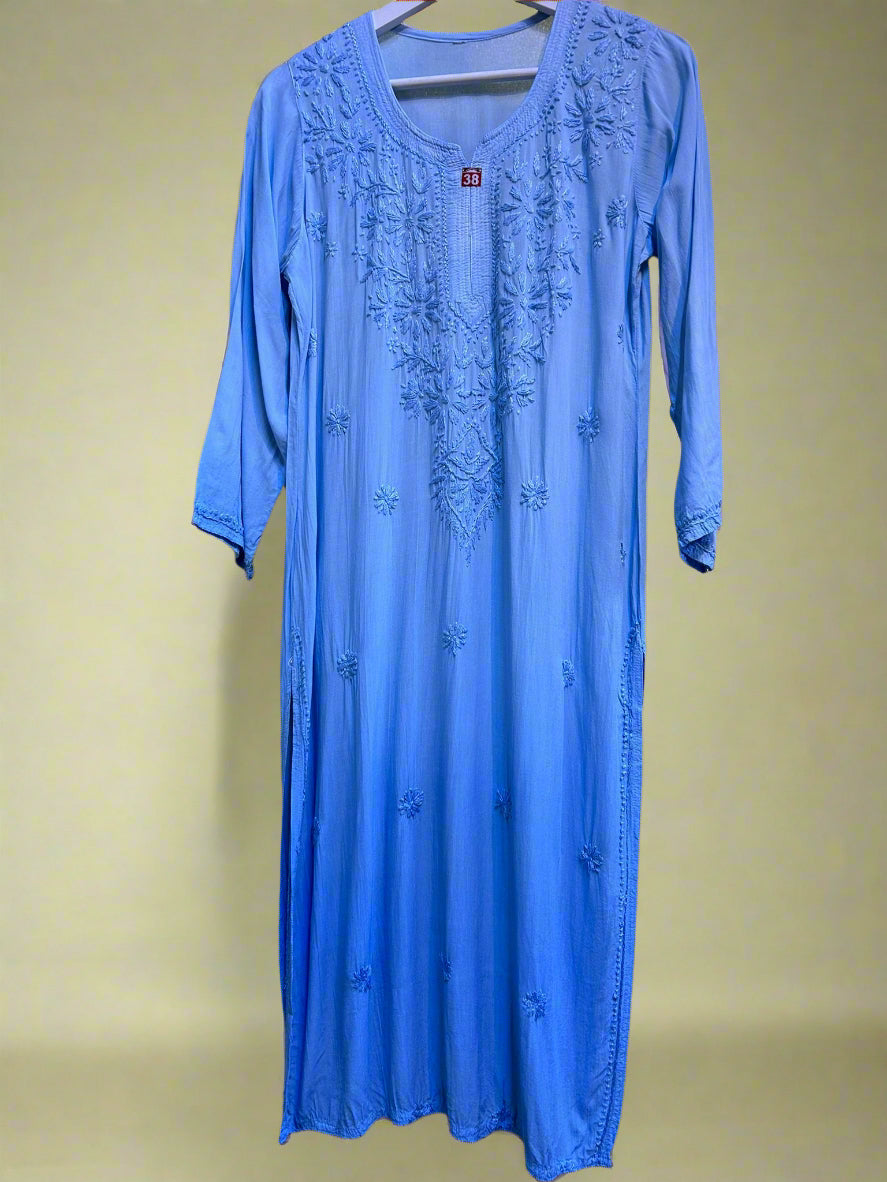 chikankari kurti tone on tone sky blue