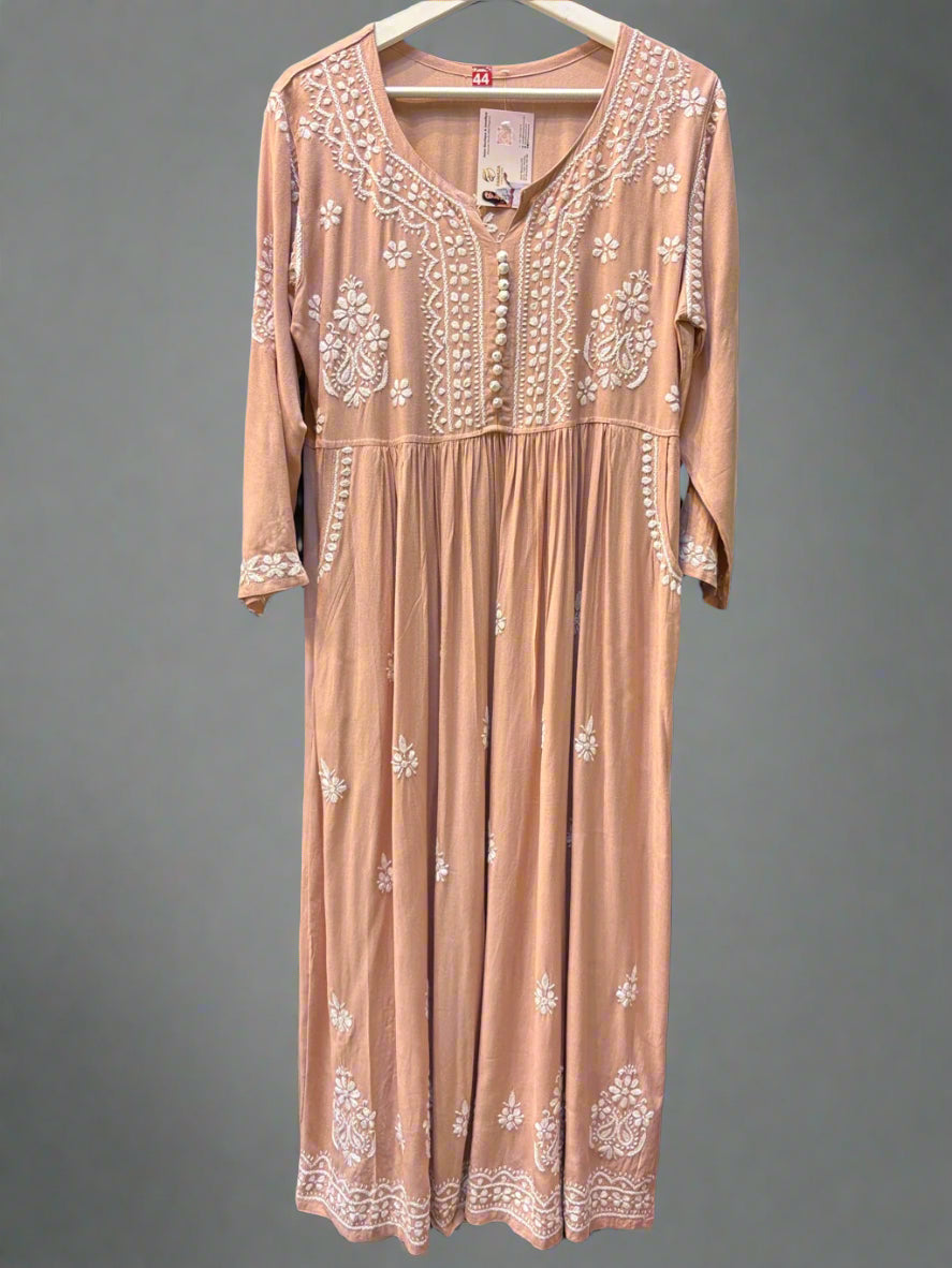 Chikankari kurti with pockets, peach with hand embroidery