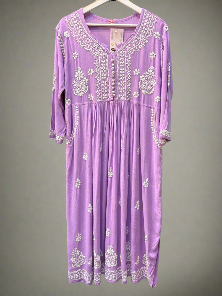 Chikankari kurti with pockets, purple with hand embroidery