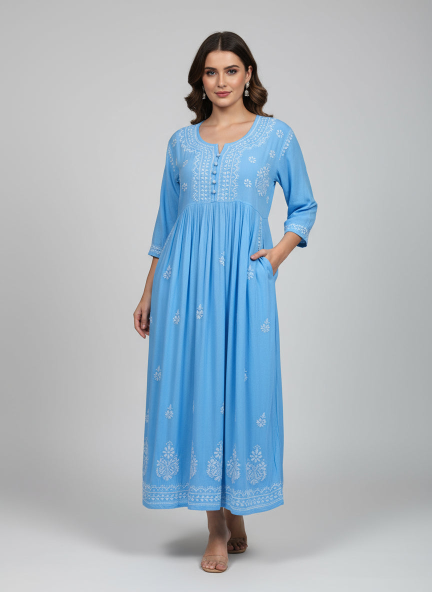 sky blue Chikankari long dress with pockets, with hand embroidery by famaza couture 