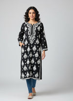 Chikankari long kurti, black with white embroidery in modal fabric