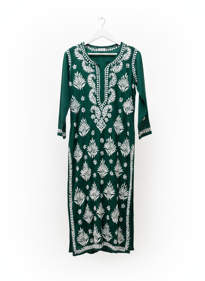 Chikankari long kurti, bottle green with white embroidery in modal fabric