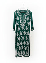 Chikankari long kurti, bottle green with white embroidery in modal fabric