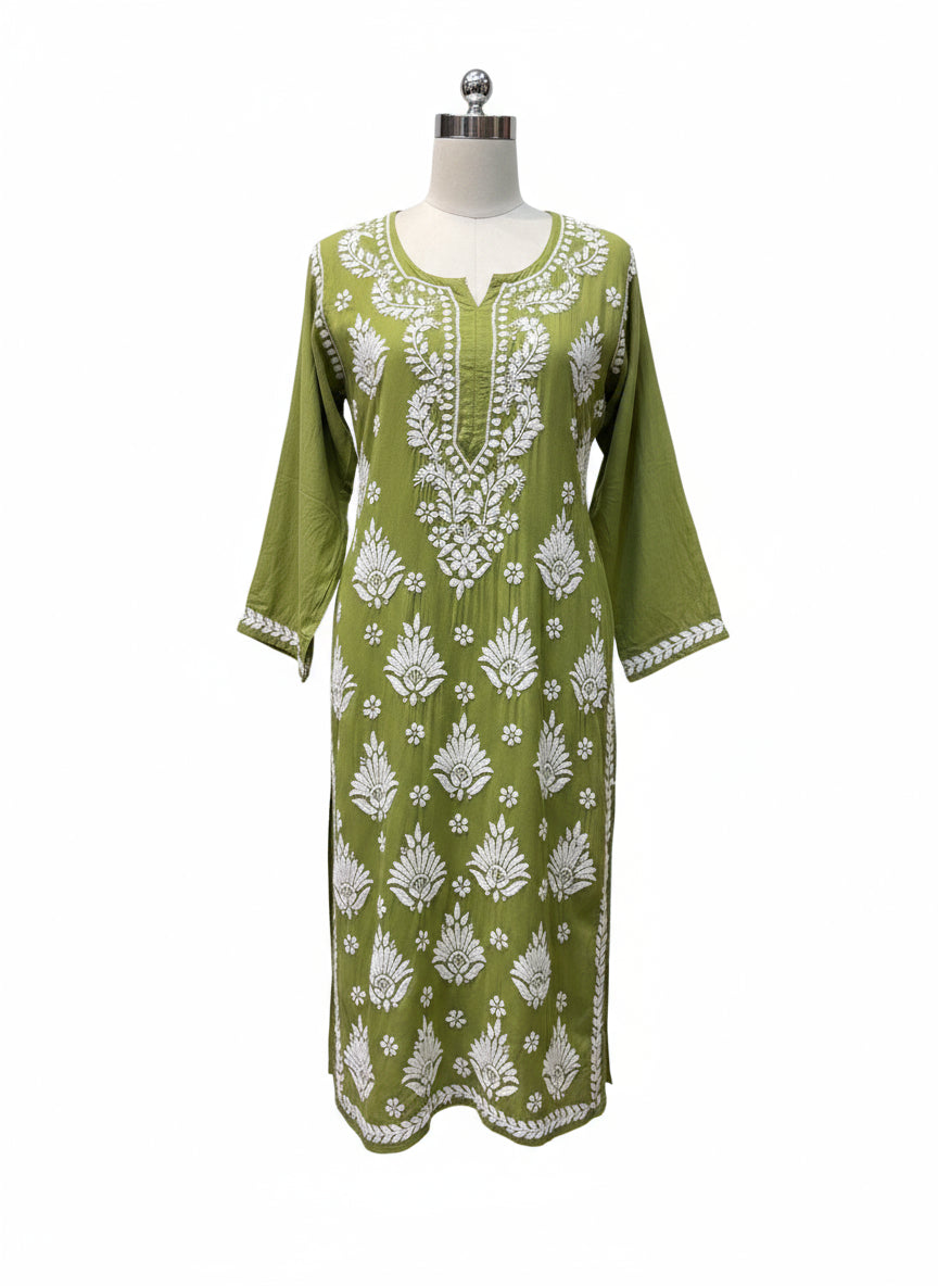 Chikankari long kurti, green with white embroidery in modal fabric
