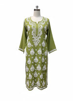 Chikankari long kurti, green with white embroidery in modal fabric