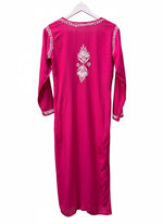 rear view of Chikankari long kurti, hot pink with white embroidery in modal fabric