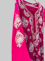 sleeve view of Chikankari long kurti, hot pink with white embroidery in modal fabric