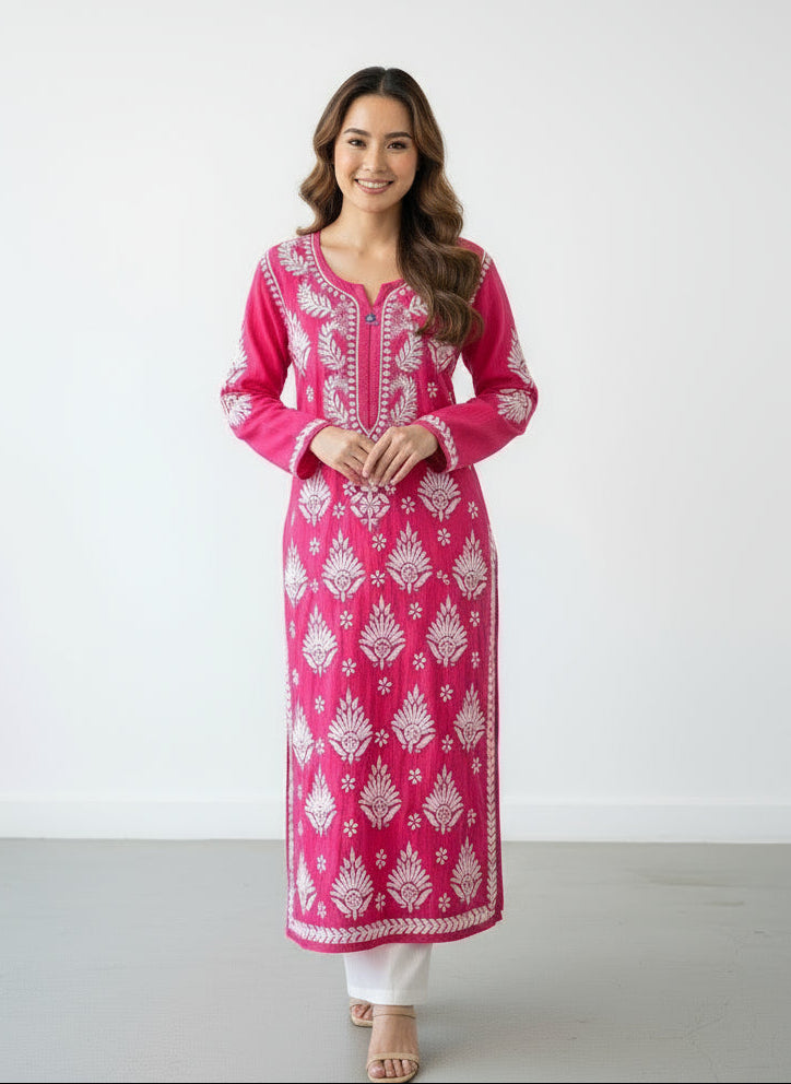 Chikankari long kurti, hot pink with white embroidery in modal fabric