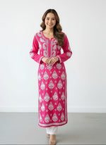 Chikankari long kurti, hot pink with white embroidery in modal fabric