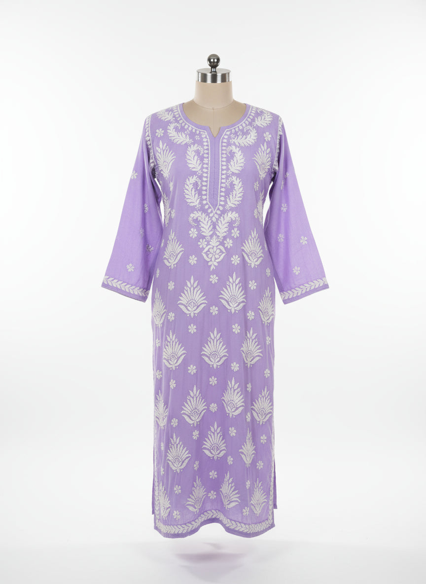 Chikankari long kurti, lavender with white embroidery in modal fabric
