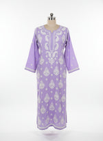 Chikankari long kurti, lavender with white embroidery in modal fabric