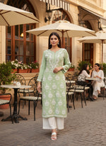 Chikankari long kurti, lime green with white embroidery in modal fabric 