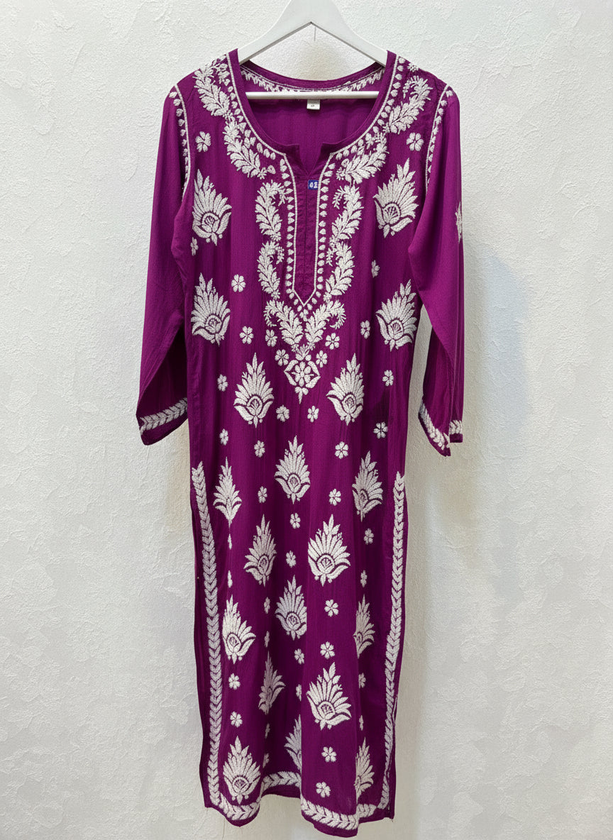 Chikankari long kurti, purple with white embroidery in modal fabric