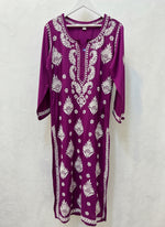 Chikankari long kurti, purple with white embroidery in modal fabric