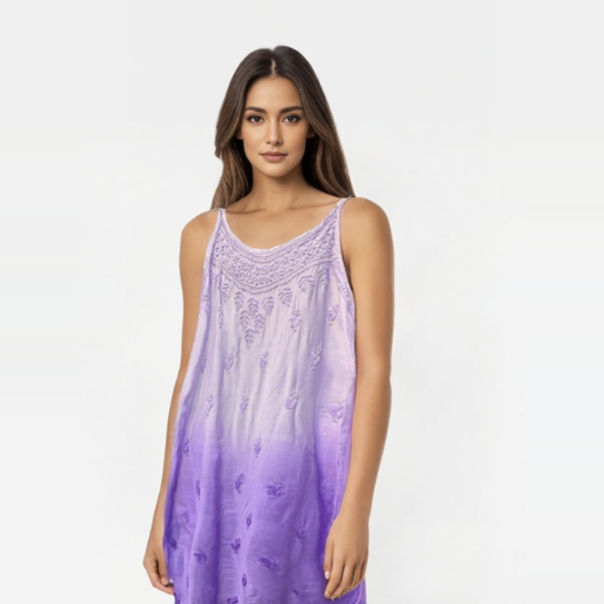 Model wearing Chikankari modal silk fabric Spaghetti Strap dress with hand embroidery by famaza couture 