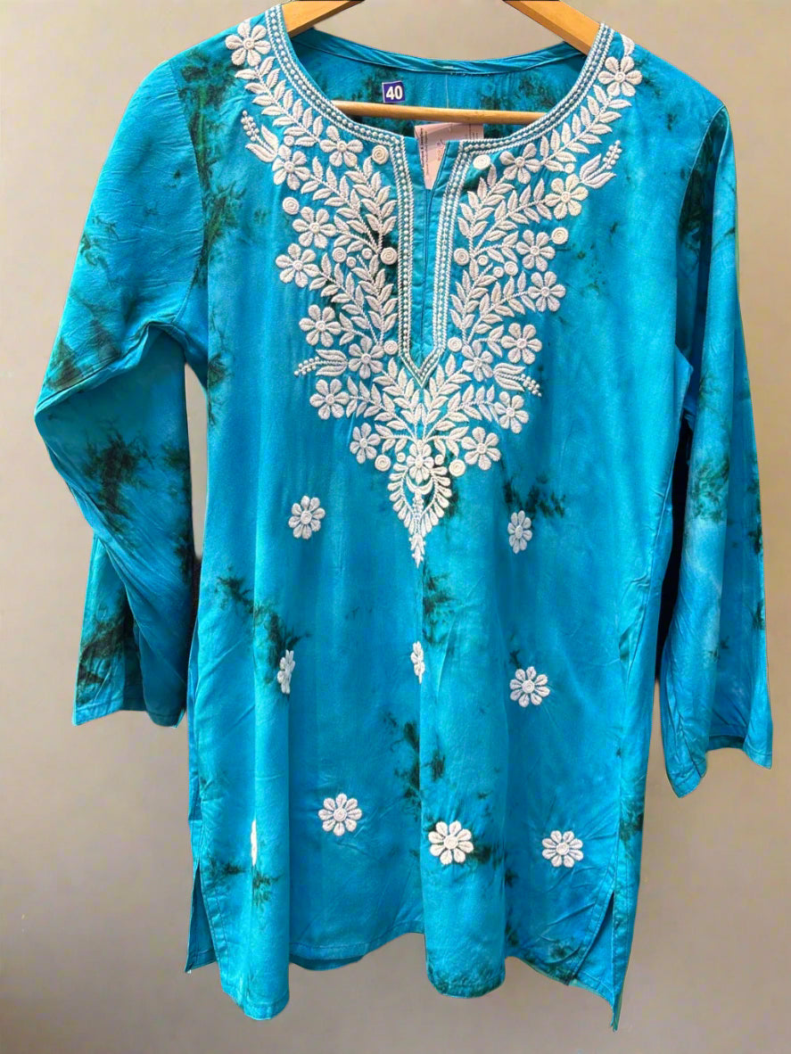Chikankari printed short kurti in tie-dye style, blue with booti embroidery