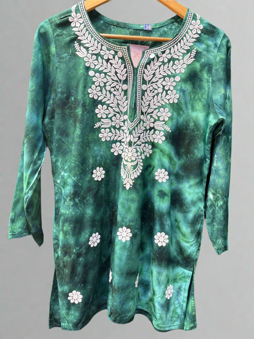 Chikankari printed short kurti in tie-dye style, bottle green with booti embroidery