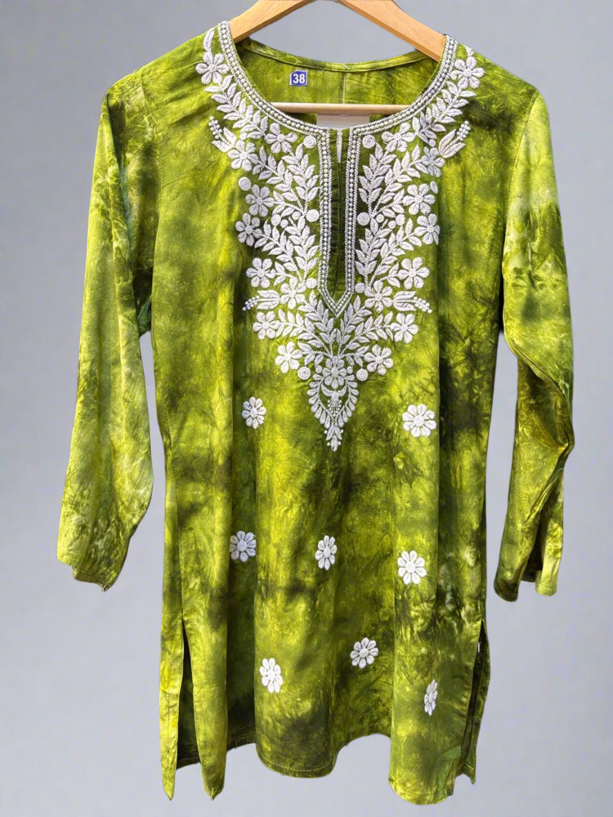 Chikankari printed short kurti in tie-dye style, olive green with booti embroidery