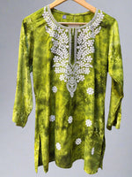 Chikankari printed short kurti in tie-dye style, olive green with booti embroidery