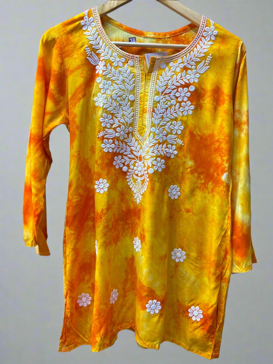 Chikankari printed short kurti in tie-dye style, orange with booti embroidery