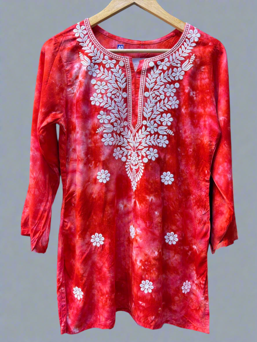 Chikankari printed short kurti in tie-dye style, red with booti embroidery