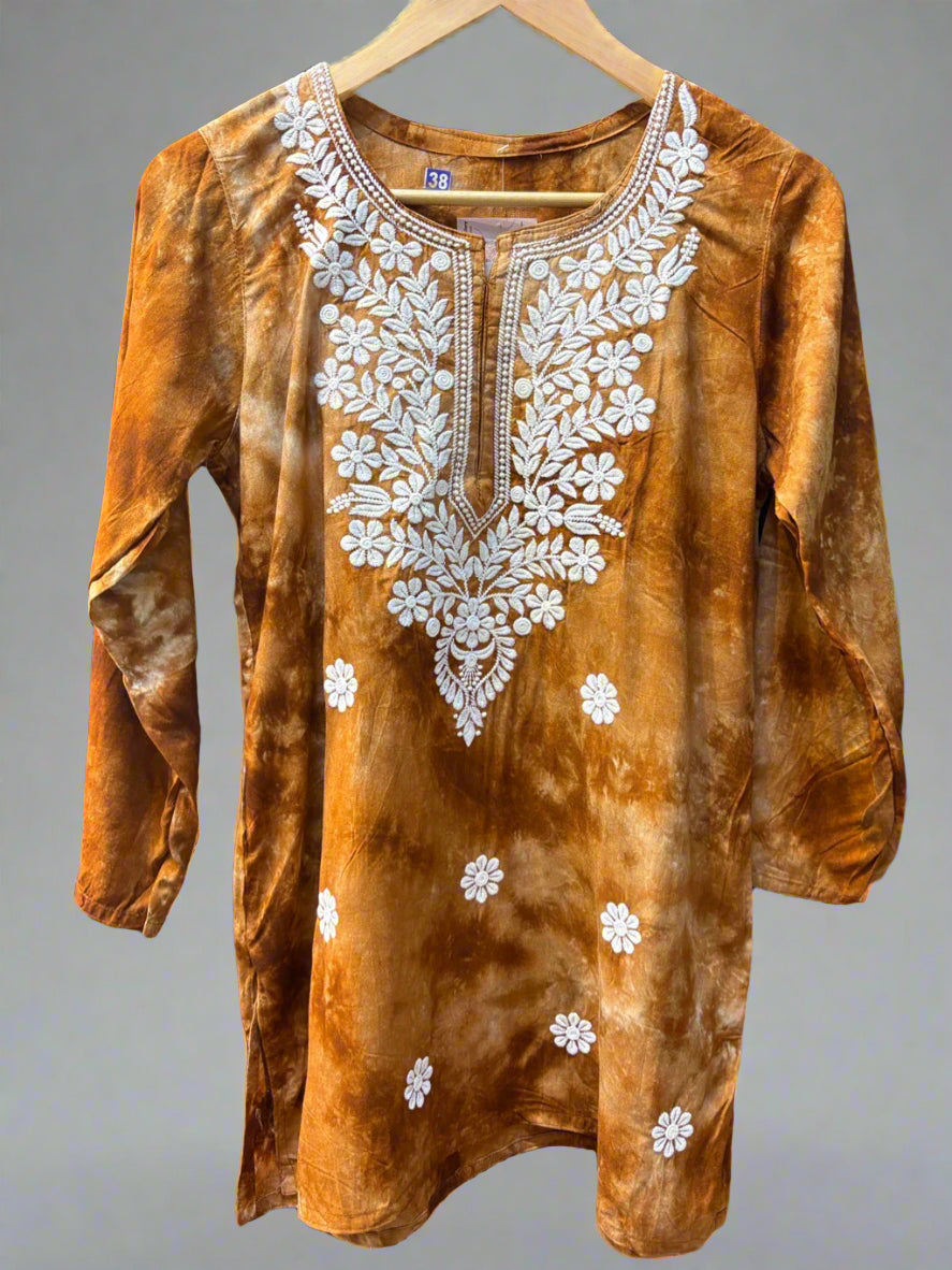 Chikankari printed short kurti in tie-dye style, brown with floral embroidery