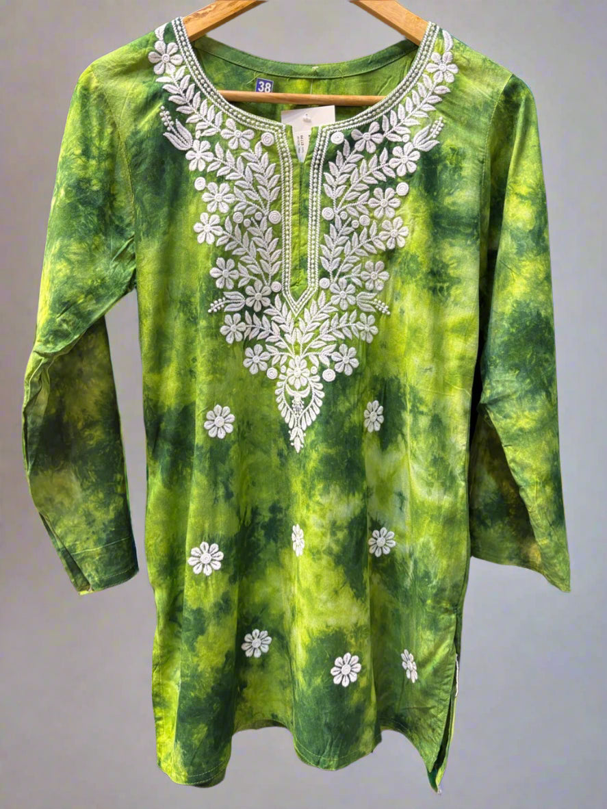 Chikankari printed short kurti in tie-dye style, green with floral embroidery