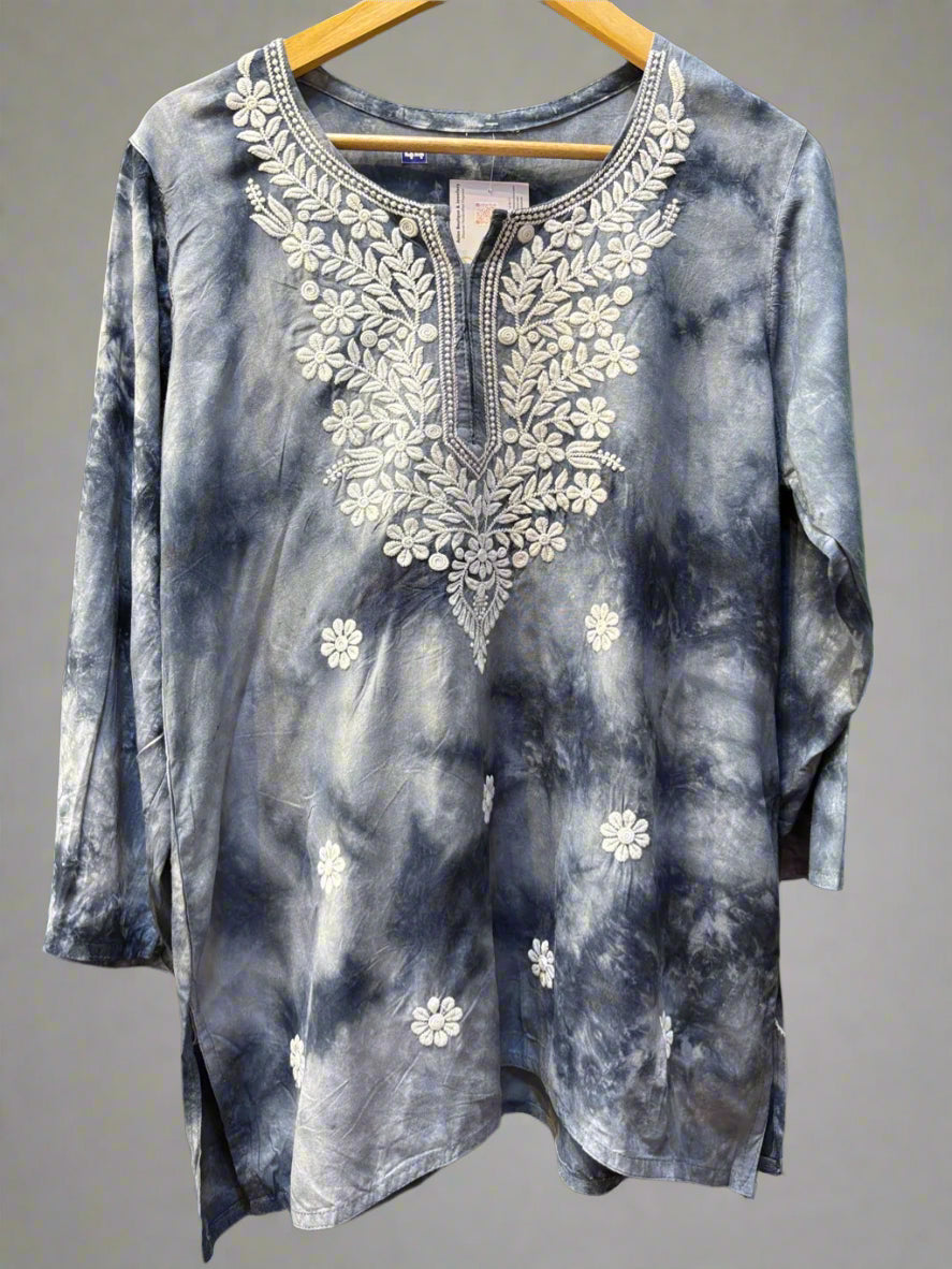 Chikankari printed short kurti in tie-dye style, grey with floral embroidery