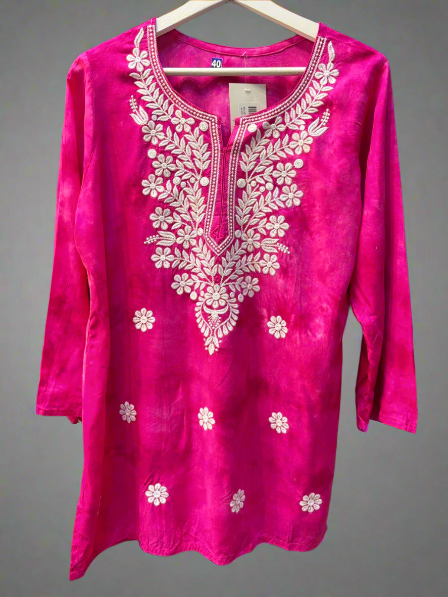 Chikankari printed short kurti in tie-dye style, magenta with floral embroidery