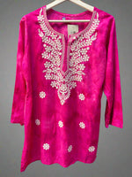 Chikankari printed short kurti in tie-dye style, magenta with floral embroidery