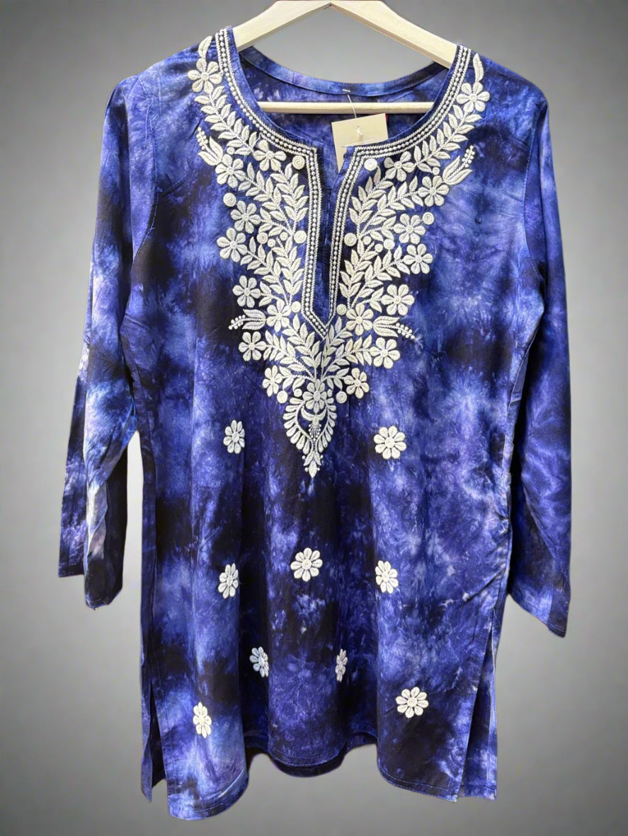 Chikankari printed short kurti in tie-dye style, navy blue with floral embroidery